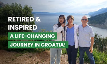 A 65-year-old male volunteer stands for a photo with two other volunteers on the Croatian coast with a text overlay that states 'Retired and inspired: A life changing journey in Croatia!'